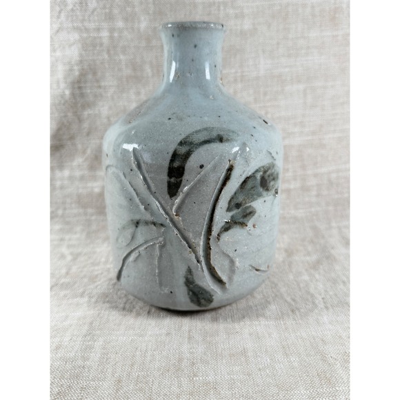 Studio Pottery Other - Vintage Studio Pottery Vase Hand Painted Leaf Design Blue Gray Ceramic Bud Vase